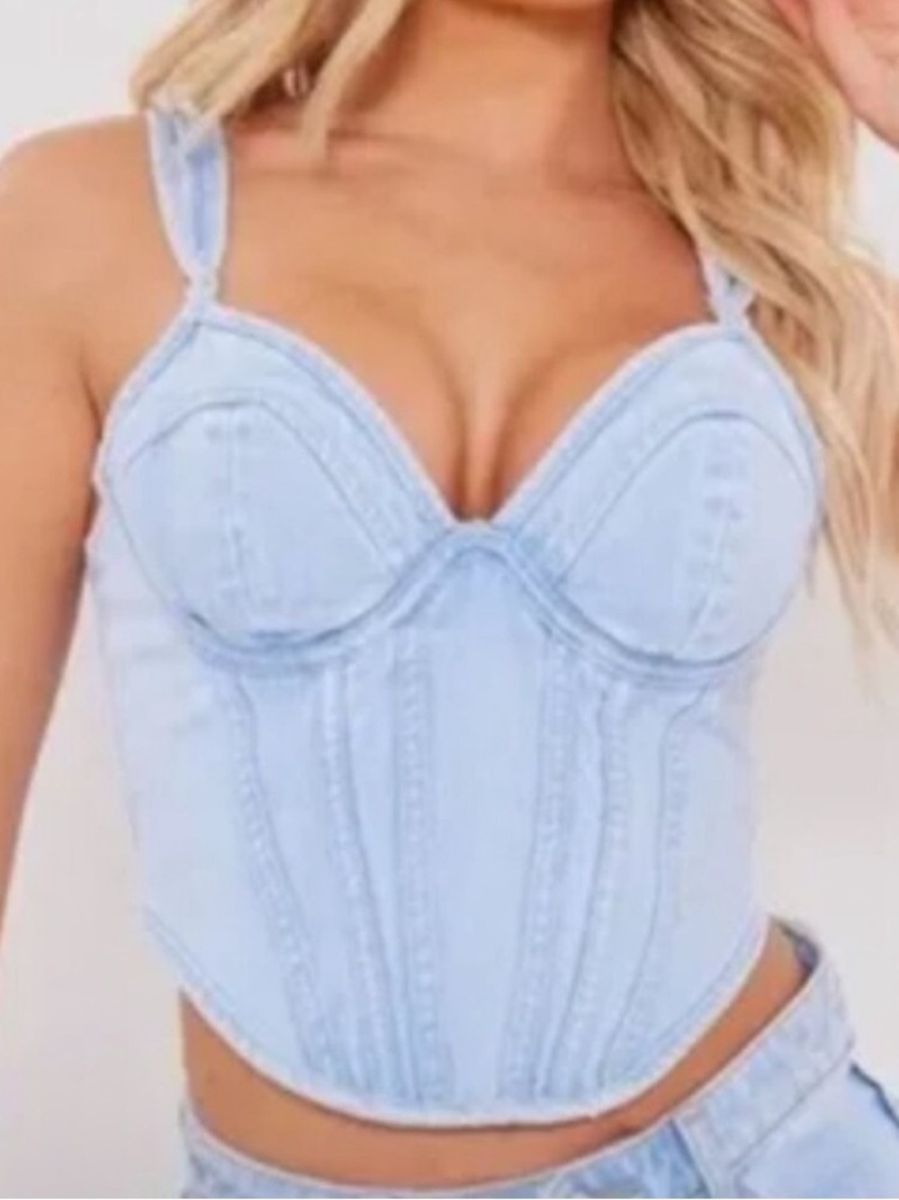 Prettylittlething Light Blue Wash Dip Hem Denim Jean Corset Size 0 New